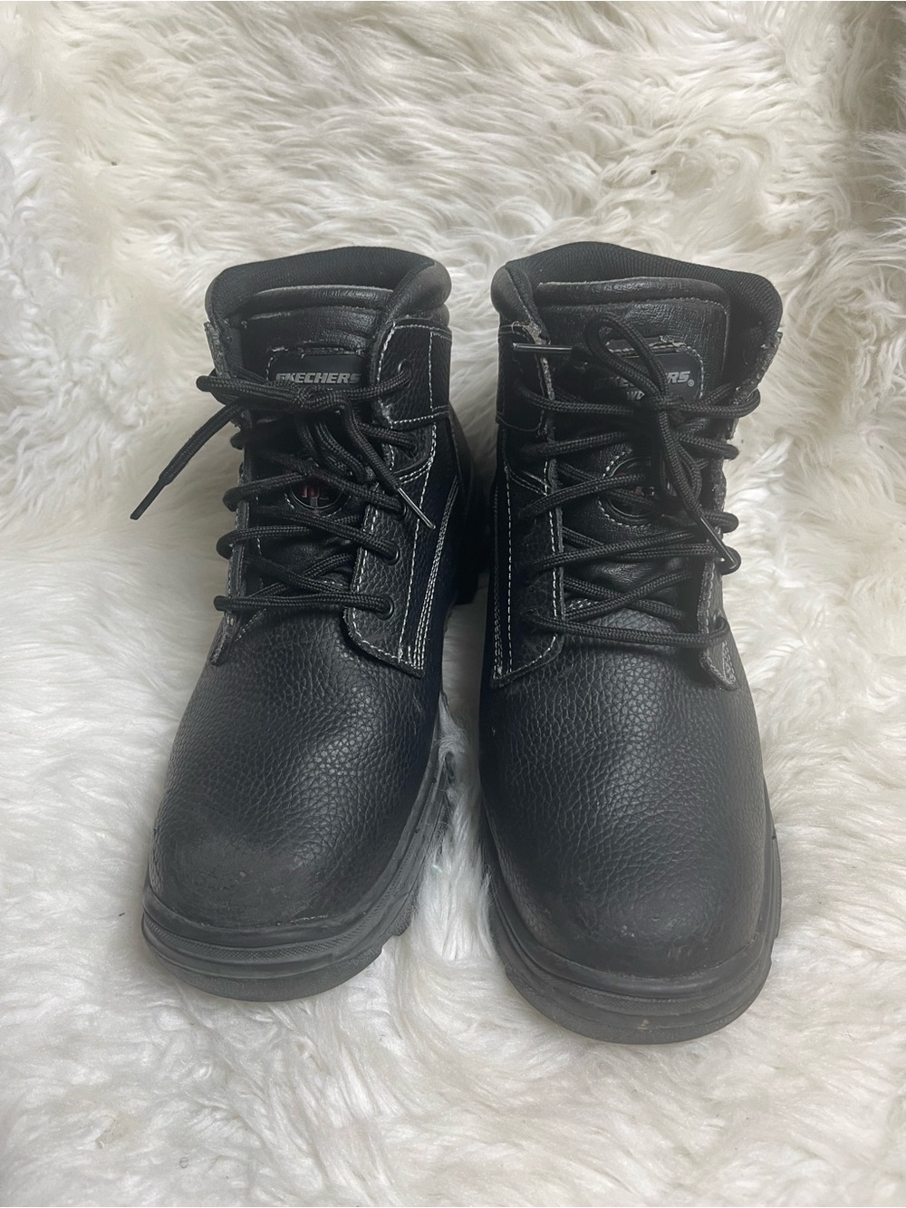 Skechers Men’s steel toe work leather Black Lace-Up Work Boots SZ 12